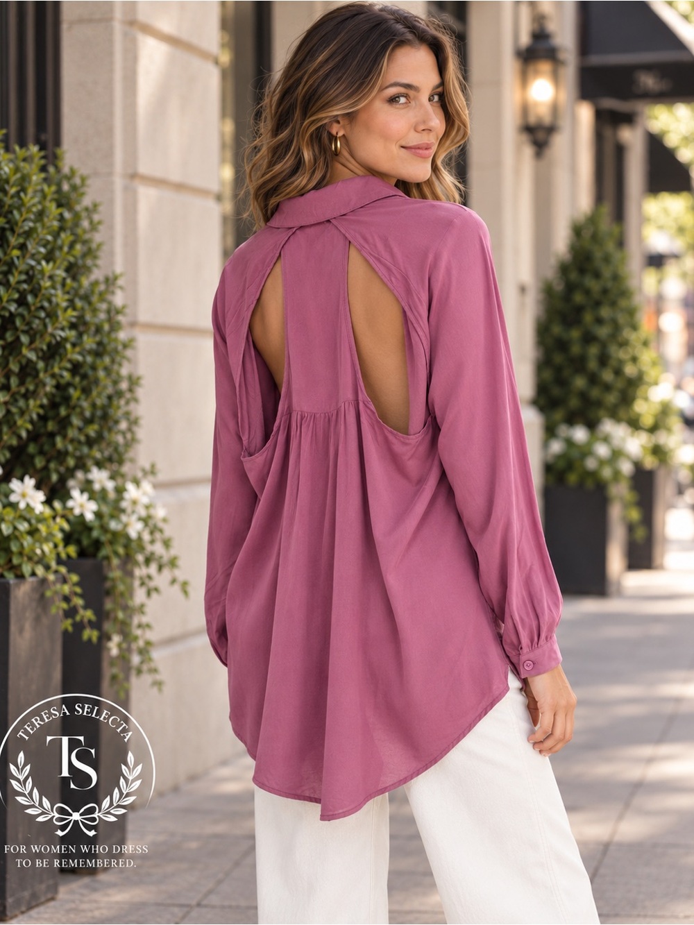 Entro Mauve Open Back Button Front Blouse Long Sleeve Size L